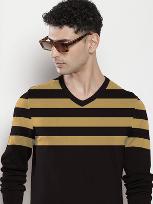 AIN6 Striped V Neck Casual Men Black Sweater
