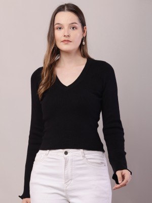 Nobarr Solid V Neck Casual Women Black Sweater