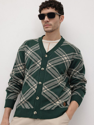 Roadster Self Design V Neck Casual Men Green Sweater