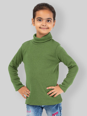 YHA Solid High Neck Casual Girls Green Sweater