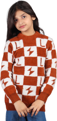Rebiva Colorblock Round Neck Casual Girls Brown, White Sweater