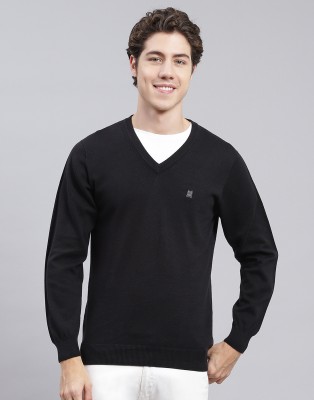 MONTE CARLO Solid V Neck Casual Men Black Sweater