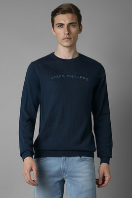 LOUIS PHILIPPE Embroidered Round Neck Casual Men Blue Sweater