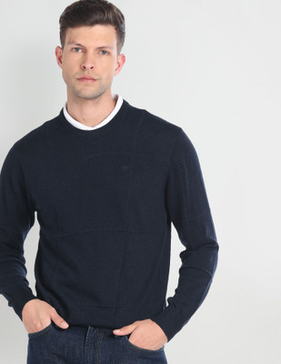 ARROW Self Design Crew Neck Casual Men Blue Sweater