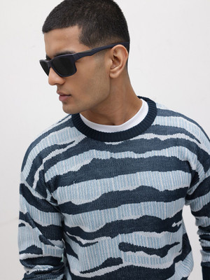 Roadster Self Design Round Neck Casual Men Blue Sweater
