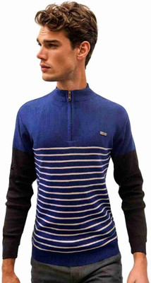 FORWARDS Striped High Neck Casual Men Blue Sweater