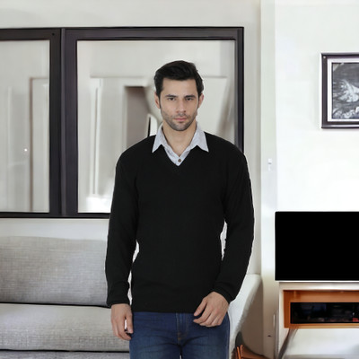 GLAUCUS Solid V Neck Casual Men Black Sweater