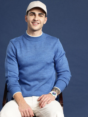 Mast & Harbour Solid Round Neck Casual Men Blue Sweater
