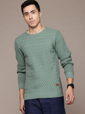 Roadster Self Design Round Neck Casual Men Green Sweater
