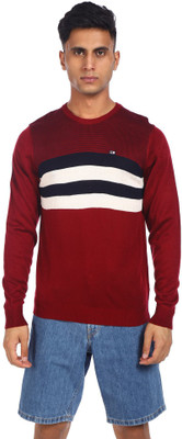 Arrow Sport Striped Round Neck Casual Men Orange Sweater