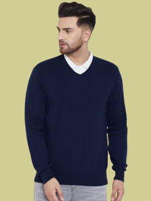 COSLETIC Solid V Neck Casual Men Dark Blue Sweater