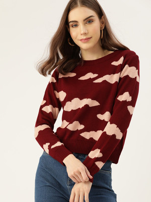 Dressberry Printed Round Neck Casual Women Maroon Sweater