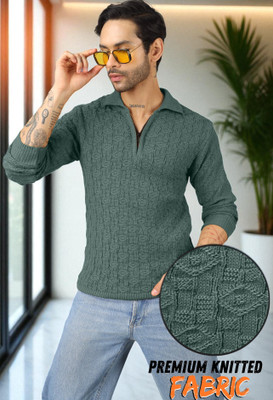 VERTICALS Self Design Collared Neck Party Men Green Sweater