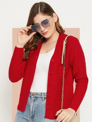 Zigo Self Design V Neck Casual Women Red Sweater