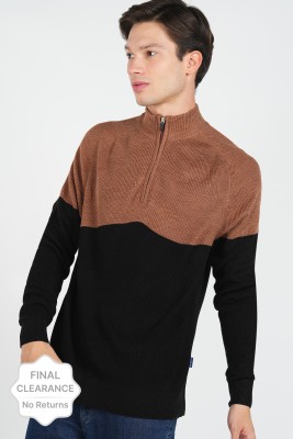 NUMERO UNO Colorblock High Neck Casual Men Black, Brown Sweater