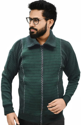 manra Self Design Collared Neck Casual Men Green Sweater
