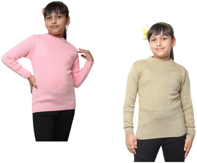 KAVYA Solid Round Neck Casual Girls Pink, Beige Sweater