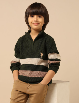 U.S. POLO ASSN. Striped High Neck Casual Baby Boys Green Sweater