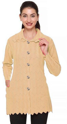 Shunit creation Self Design Collared Neck Lounge Wear Women Beige Sweater