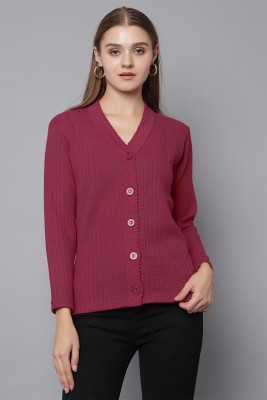 hifzaa Self Design V Neck Casual Women Purple Sweater