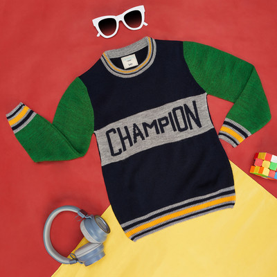 Pantaloons Junior Printed Round Neck Casual Boys Dark Blue Sweater