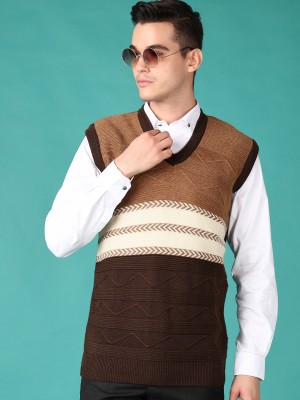 V-MART Self Design V Neck Casual Men Brown Sweater