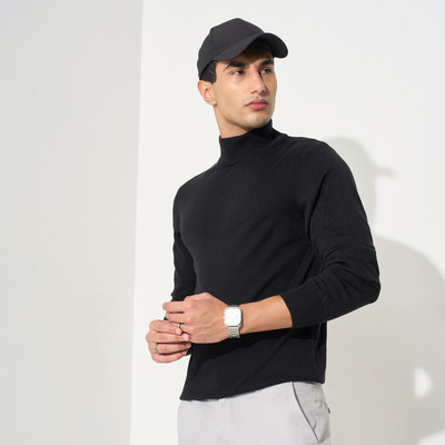 Peregrine by Pantaloons Solid High Neck Casual Men Black Sweater