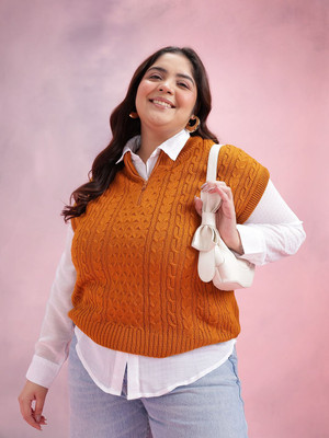 DressBerry Curve Self Design Mandarin Neck Casual Women Orange Sweater