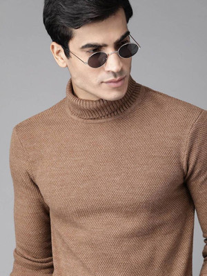 Roadster Self Design Turtle Neck Casual Men Brown Sweater