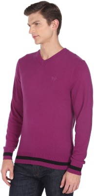 ARROW Solid V Neck Casual Men Purple Sweater