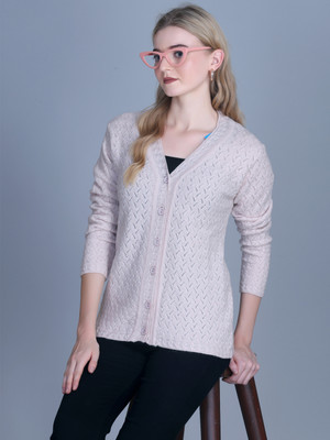 OBAAN Self Design V Neck Casual Women White Sweater