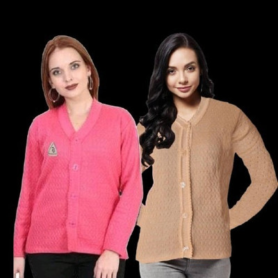 LUXURIOUS DESIGN Self Design V Neck Casual Women Beige, Pink Sweater