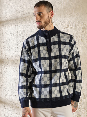 Pivl Checkered Turtle Neck Casual Men Dark Blue, White Sweater