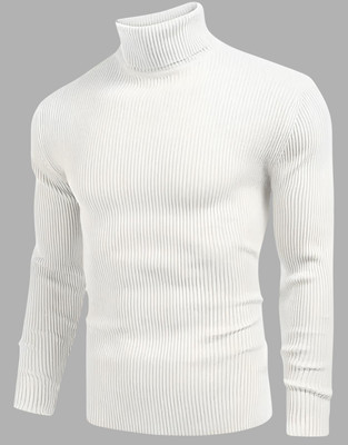 BAB Woven High Neck Casual Men White Sweater