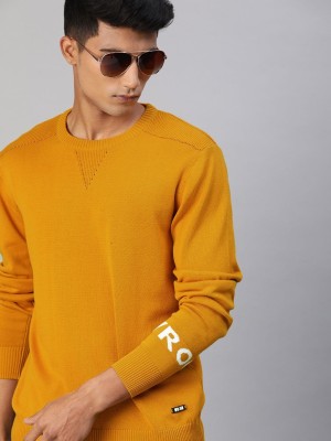 WROGN Solid Crew Neck Casual Men Yellow Sweater