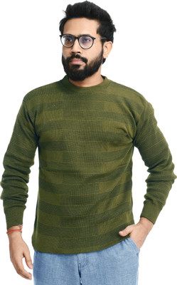 manra Striped Round Neck Casual Men Dark Green Sweater