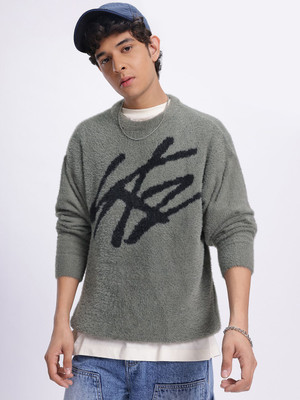 Glitchez Self Design Round Neck Casual Men Grey Sweater