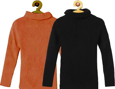100LUCK Solid High Neck Casual Boys & Girls Black, Orange Sweater