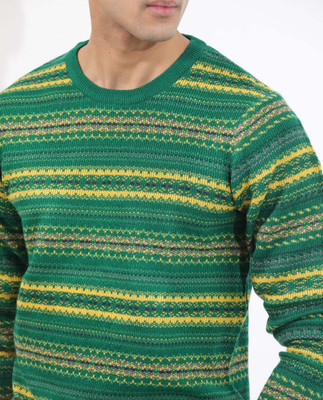 RARE RABBIT Striped Crew Neck Casual Men Green Sweater