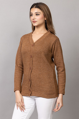 hifzaa Solid V Neck Casual Women Brown Sweater