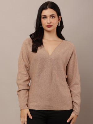 Nobarr Solid V Neck Casual Women Brown Sweater