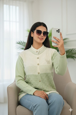 dutchdream Self Design Round Neck Lounge Wear Women Light Green, White Sweater