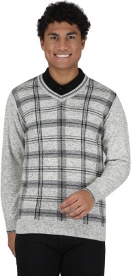 MONTE CARLO Checkered V Neck Casual Men Grey Sweater