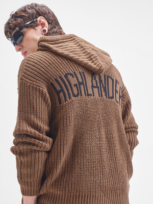 HIGHLANDER Self Design Hooded Neck Casual Men Brown Sweater