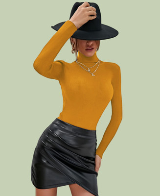 Lecowar Solid High Neck Casual Women Yellow Sweater
