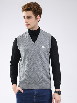 MONTE CARLO Self Design V Neck Casual Men Grey Sweater