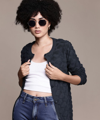 Roadster Self Design Round Neck Casual Women Grey Sweater
