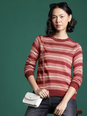 Dressberry Striped Round Neck Casual Women Pink Sweater