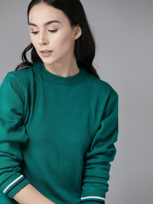 Roadster Solid Round Neck Casual Women Green Sweater