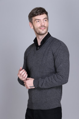 VENATORIA Solid V Neck Casual Men Grey Sweater